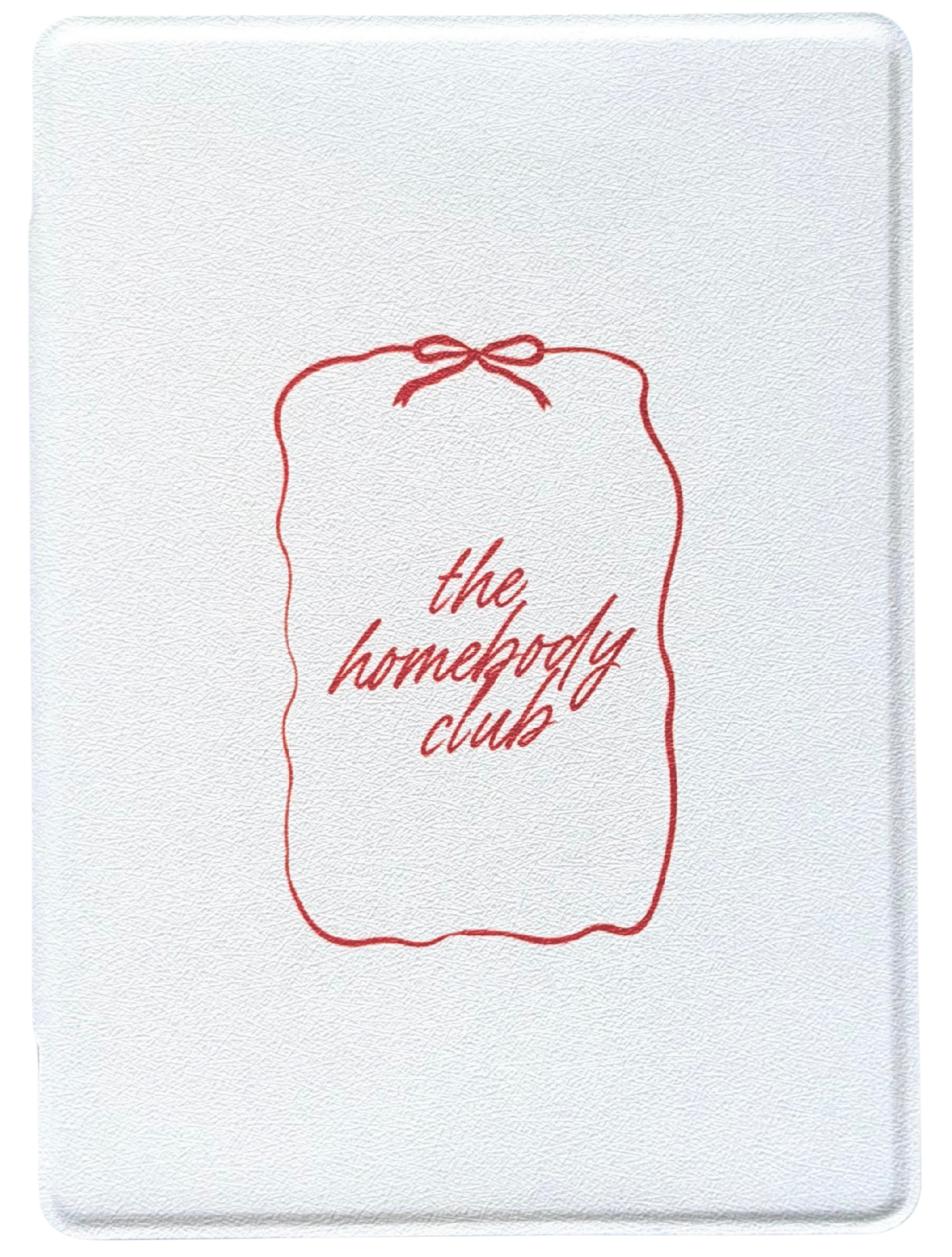 Kindle and kobo case with red 'the homebody club' text and bow design on a white/pearl background