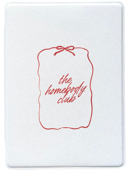 Kindle and kobo case with red 'the homebody club' text and bow design on a white/pearl background
