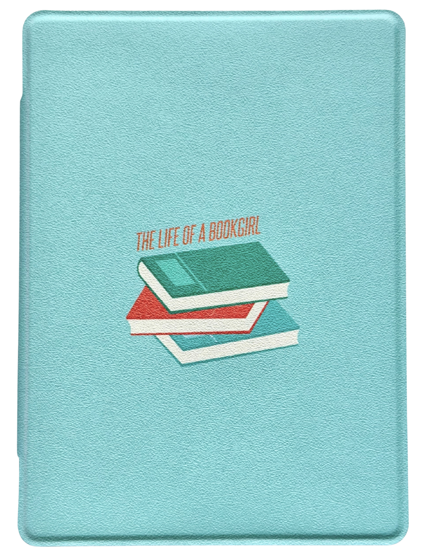 Teal Kindle and Kobo case with 'The Life of a Bookgirl' design featuring books on a light blue/teal background. Made for Swifties. Inspired by TS12