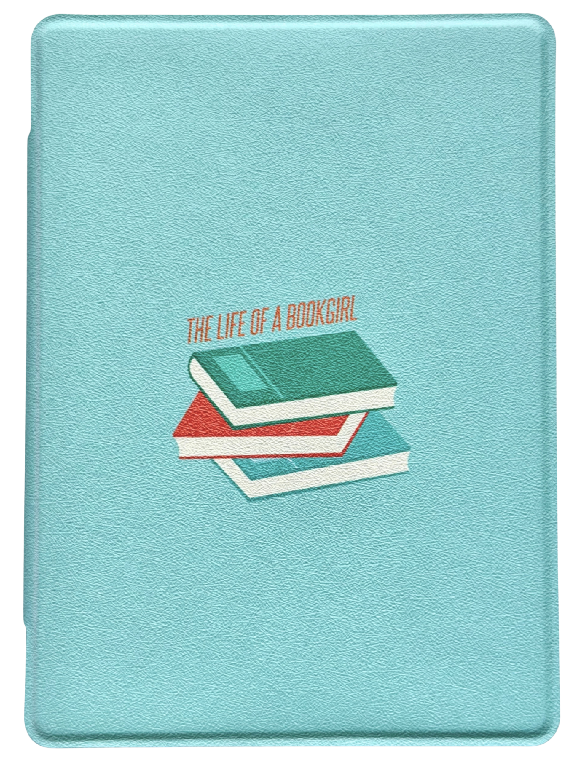 Teal Kindle and Kobo case with 'The Life of a Bookgirl' design featuring books on a light blue/teal background. Made for Swifties. Inspired by TS12