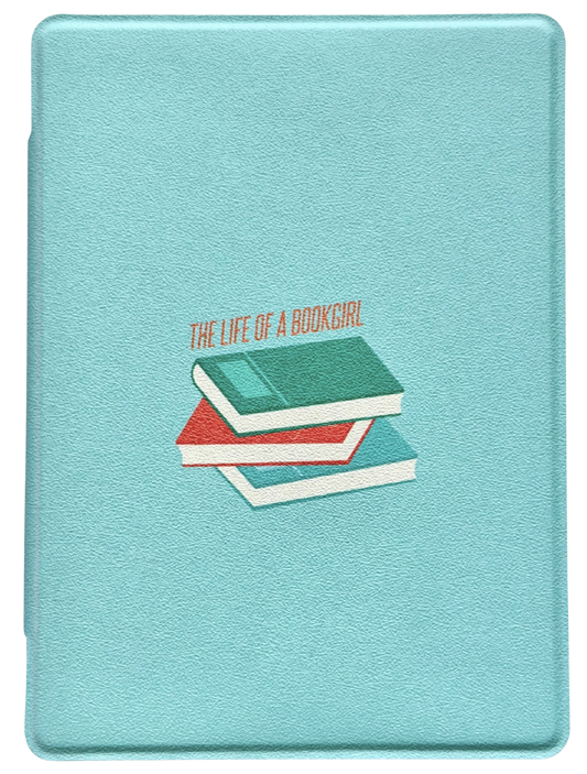 Teal Kindle and Kobo case with 'The Life of a Bookgirl' design featuring books on a light blue/teal background. Made for Swifties. Inspired by TS12