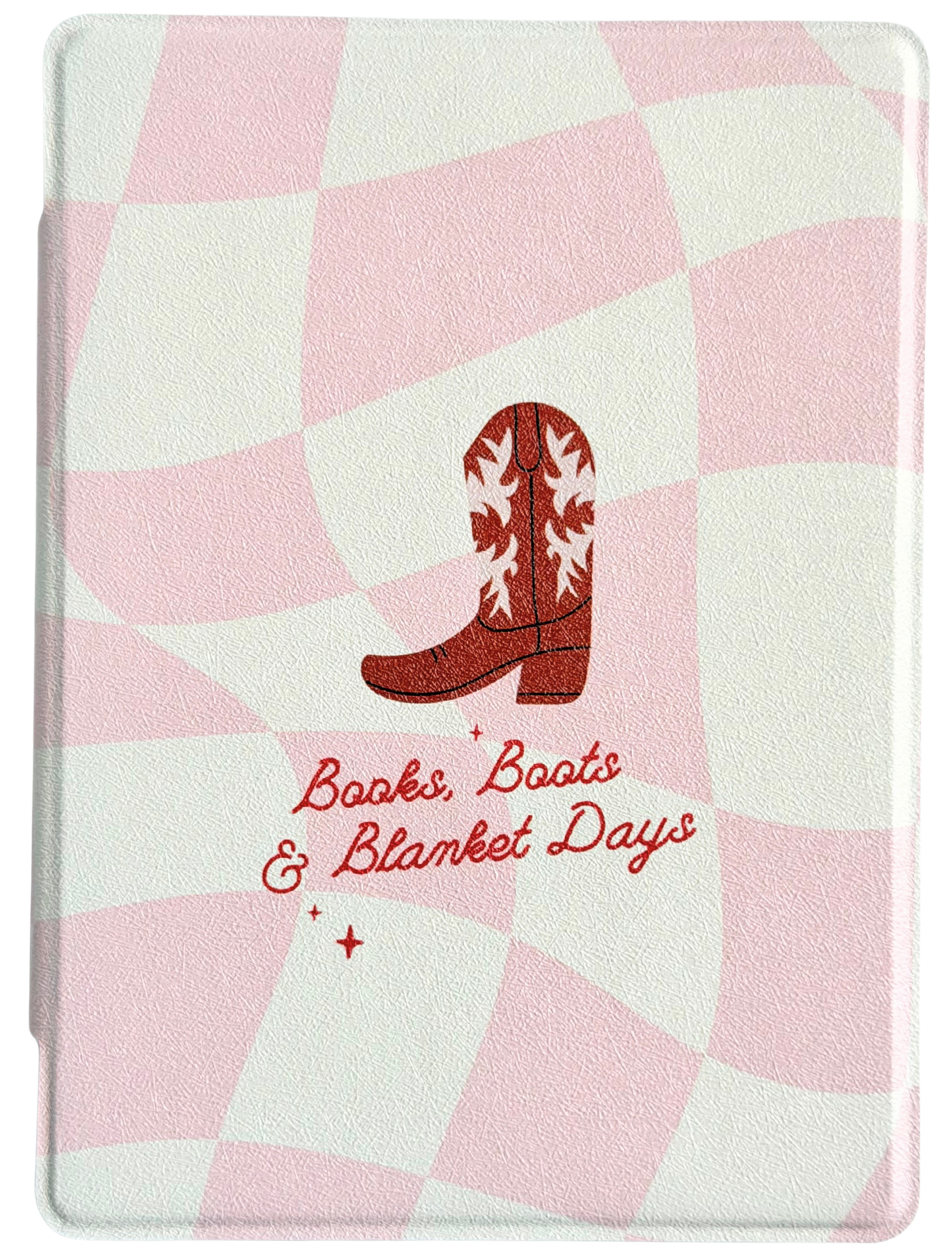 Pink and white checkered pattern with a red boot design and text (books boots and blanket days) on a white/pink background. Case for Kindle and Kobo. Canadian business. Cowboy inspired case. 