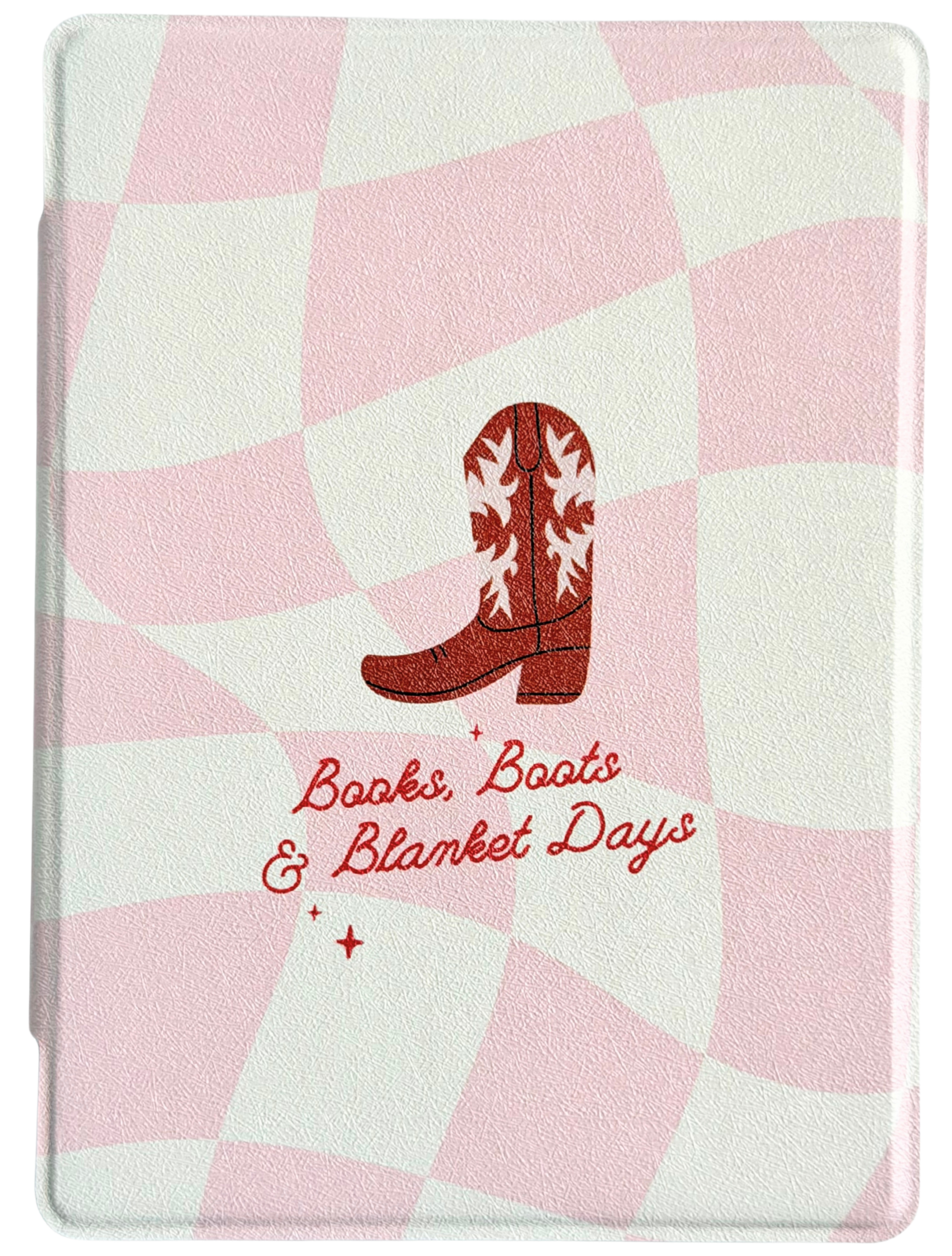 Pink and white checkered pattern with a red boot design and text (books boots and blanket days) on a white/pink background. Case for Kindle and Kobo. Canadian business. Cowboy inspired case. 