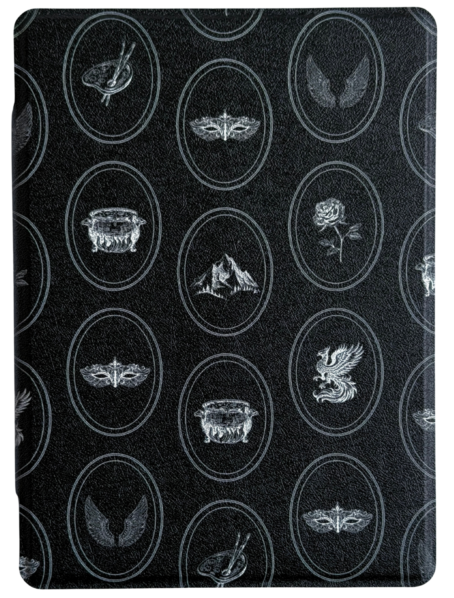 Kindle and Kobo case with Black surface with white circular patterns featuring various symbols inspired by fantasy books (roses, mountain, cauldron etc). Canadian business. 
