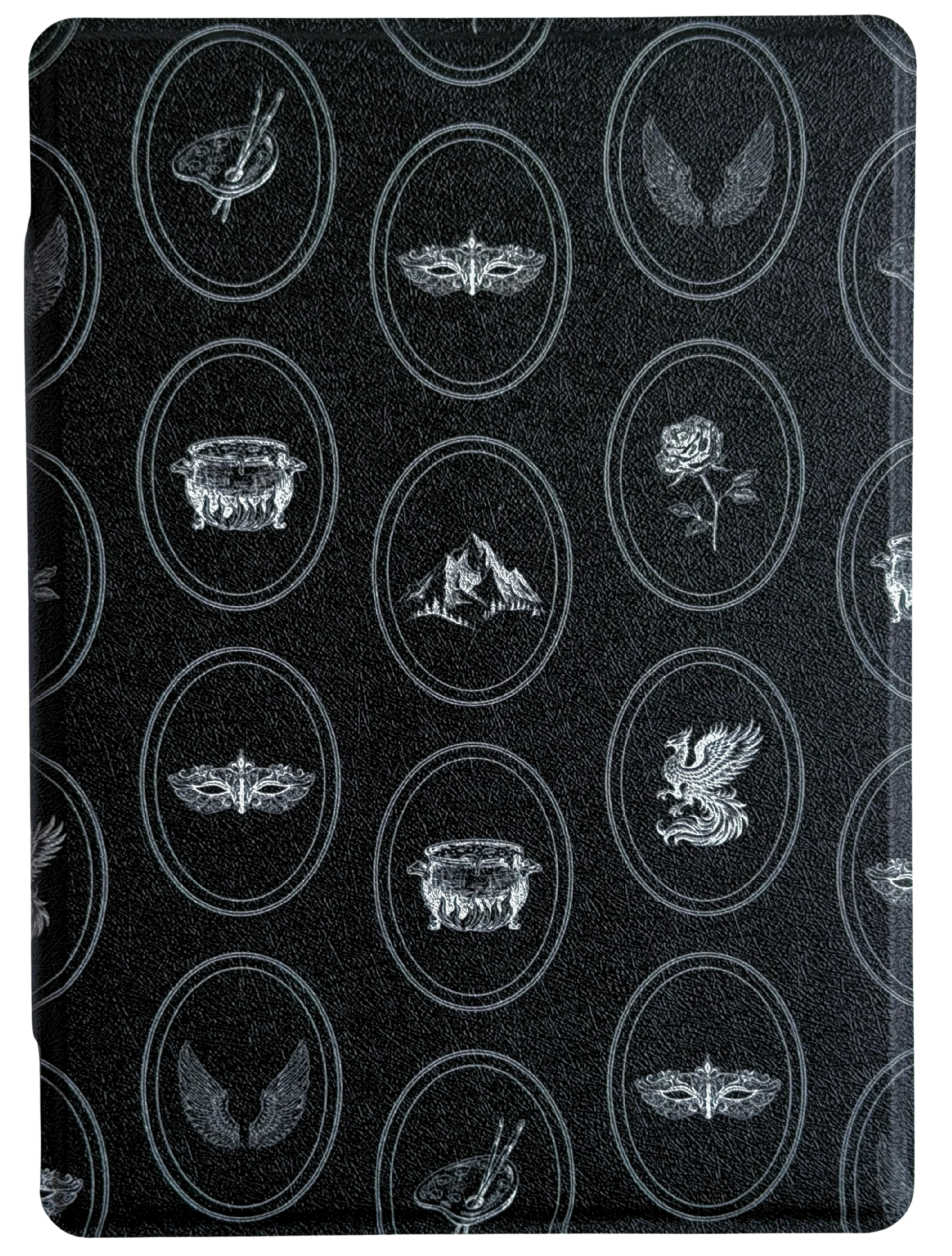 Kindle and Kobo case with Black surface with white circular patterns featuring various symbols inspired by fantasy books (roses, mountain, cauldron etc). Canadian business. 