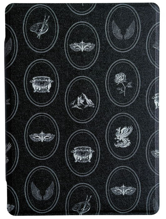 Kindle and Kobo case with Black surface with white circular patterns featuring various symbols inspired by fantasy books (roses, mountain, cauldron etc). Canadian business. 