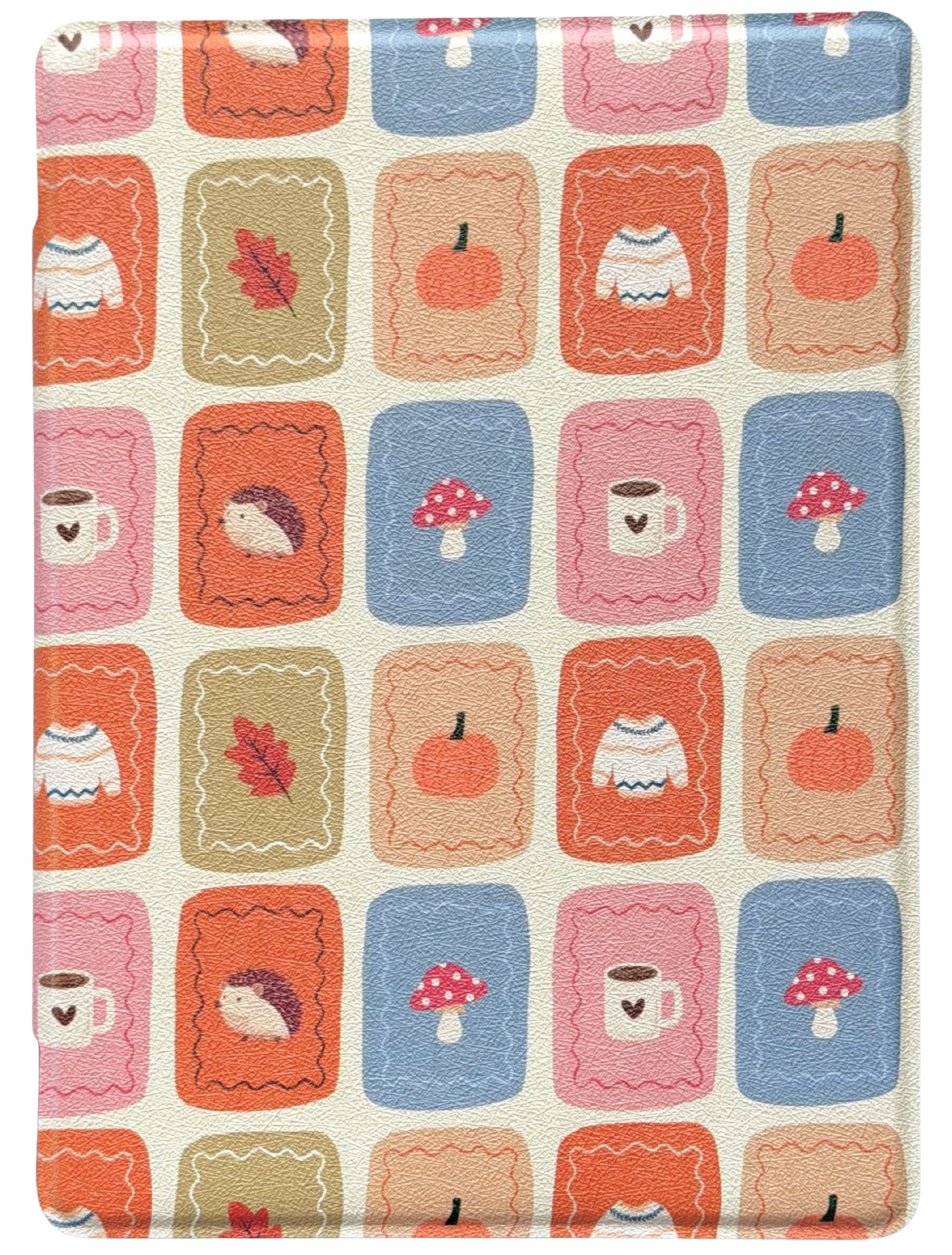 Patterned Case for kindle and kobo with colorful squares featuring items like cups, pumpkins, and mushrooms on a beige background. the book girl club 