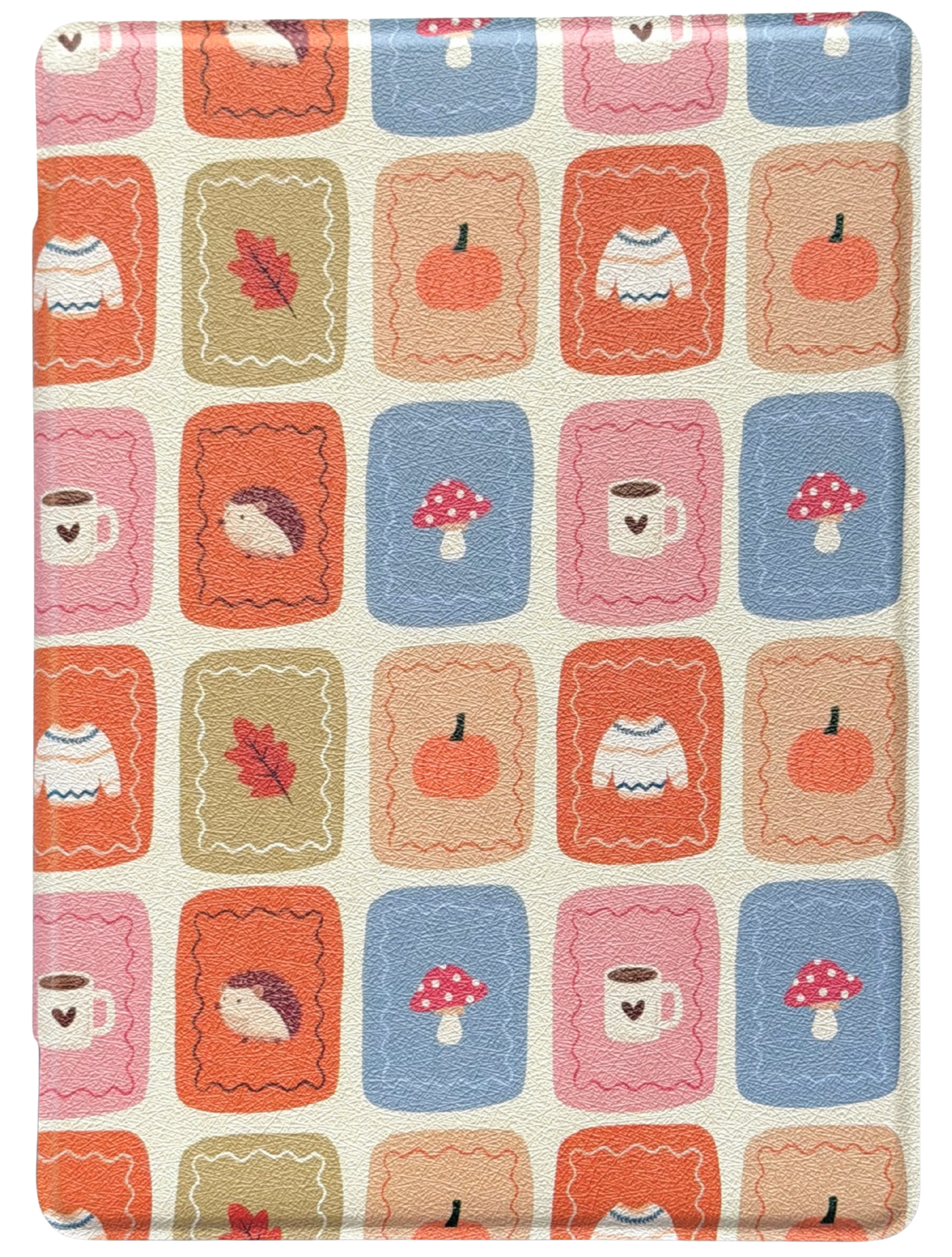 Patterned Case for kindle and kobo with colorful squares featuring items like cups, pumpkins, and mushrooms on a beige background. the book girl club 