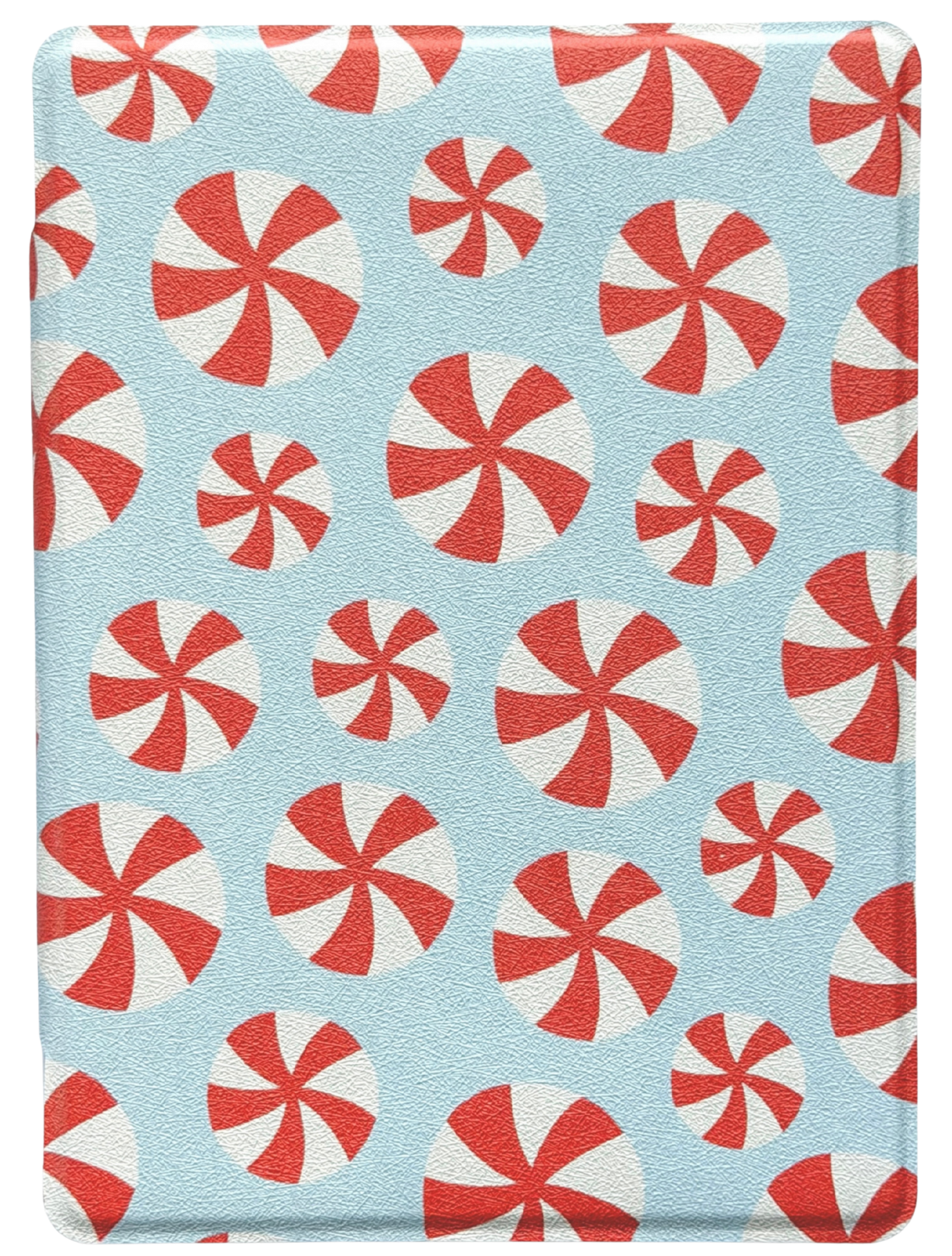 e-reader cover with red and white peppermint pattern on a blue background. canadian business. kindle and kobo cases.