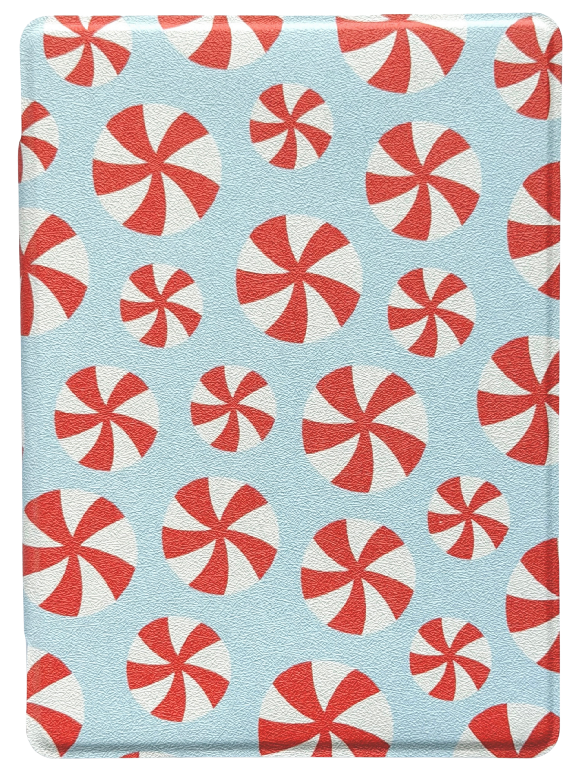 e-reader cover with red and white peppermint pattern on a blue background. canadian business. kindle and kobo cases.