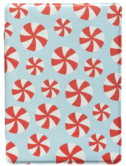 e-reader cover with red and white peppermint pattern on a blue background. canadian business. kindle and kobo cases.